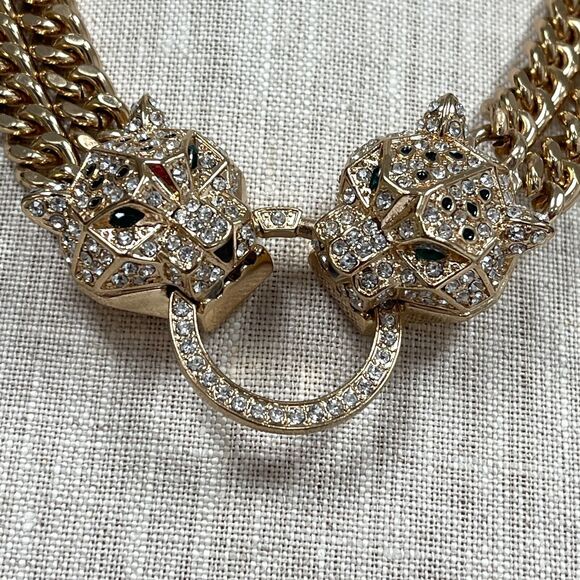 Leopard Jaquar Cat Gold-tone Green Clear Rhinestones Necklace & Earrings NWOT - Picture 3 of 6